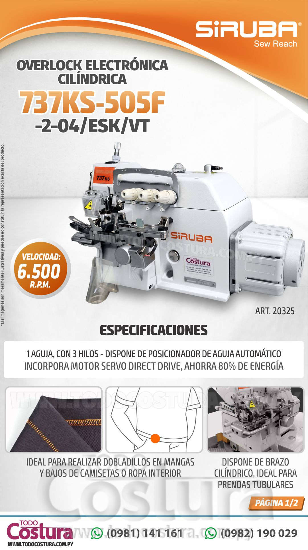 OVERLOCK (ELECT. CILINDRICA - P/ RUEDO INVISIBLE) SIRUBA 737KS-505F-2-04/ESK/VT (MOTOR INCORPORADO)